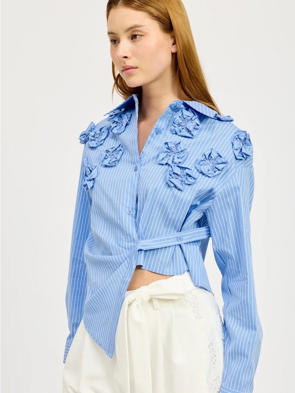 En Saison Blue Pinstriped Floral-Applique Button-Down Shirt